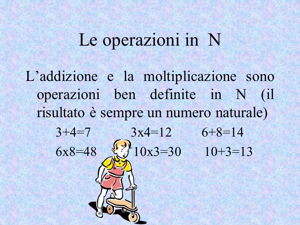 Le operazioni in N L’addizione e la moltiplicazione sono operazioni ben definite in N (il risultato è sempre un numero naturale)