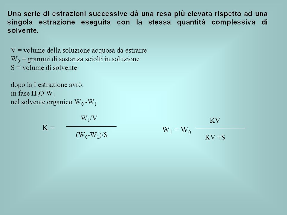 K = W1 = W0 V = volume della soluzione acquosa da estrarre
