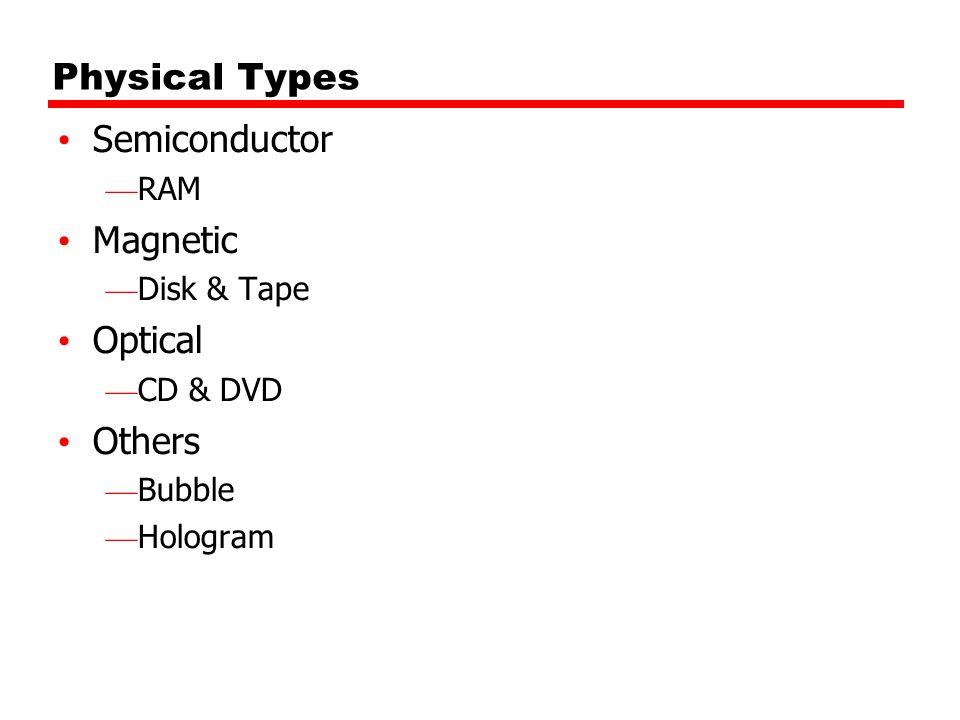 Physical Types Semiconductor Magnetic Optical Others RAM Disk & Tape