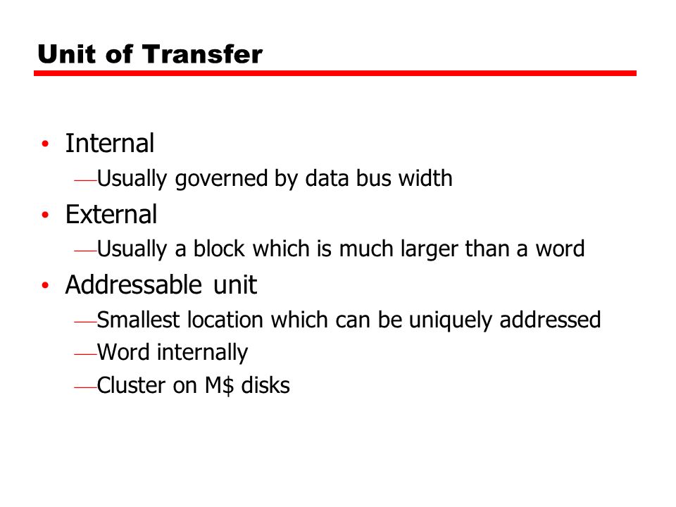 Unit of Transfer Internal External Addressable unit