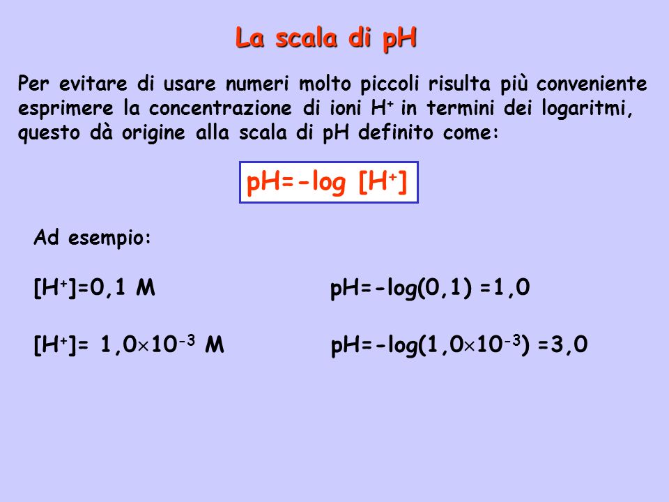 La scala di pH pH=-log [H+] [H+]=0,1 M pH=-log(0,1) =1,0