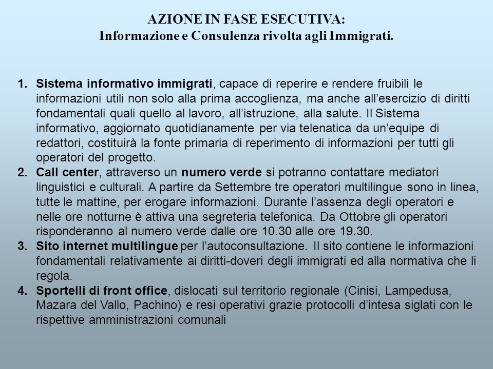 AZIONE IN FASE ESECUTIVA: Informazione e Consulenza rivolta agli Immigrati.