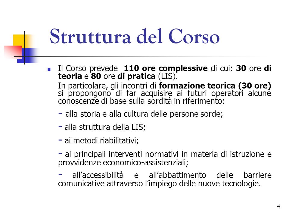 Struttura del Corso Il Corso prevede 110 ore complessive di cui: 30 ore di teoria e 80 ore di pratica (LIS).