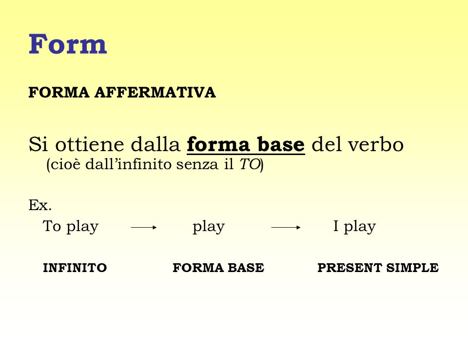 Form FORMA AFFERMATIVA. Si ottiene dalla forma base del verbo (cioè dall’infinito senza il TO) Ex.