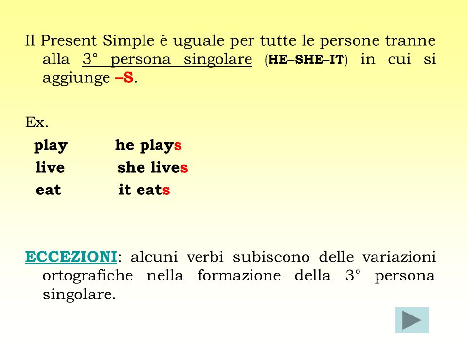 Il Present Simple è uguale per tutte le persone tranne alla 3° persona singolare (HE–SHE–IT) in cui si aggiunge –S.