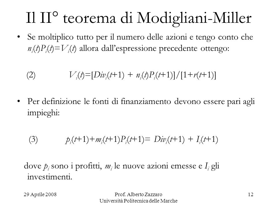 Il II° teorema di Modigliani-Miller