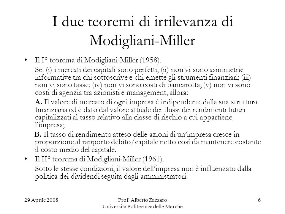 I due teoremi di irrilevanza di Modigliani-Miller
