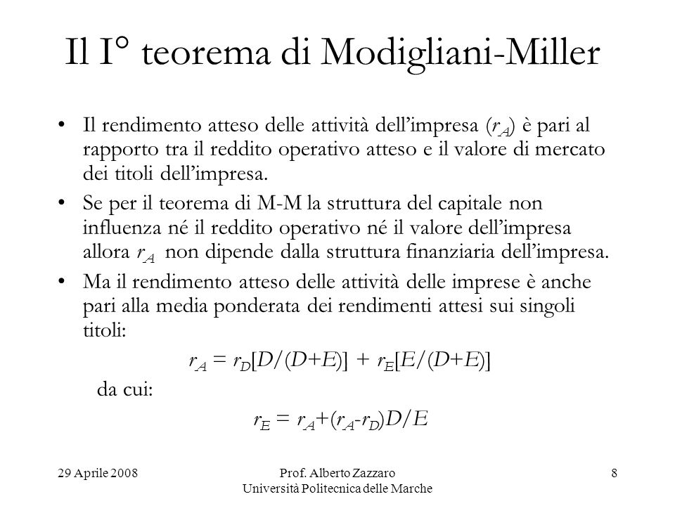 Il I° teorema di Modigliani-Miller