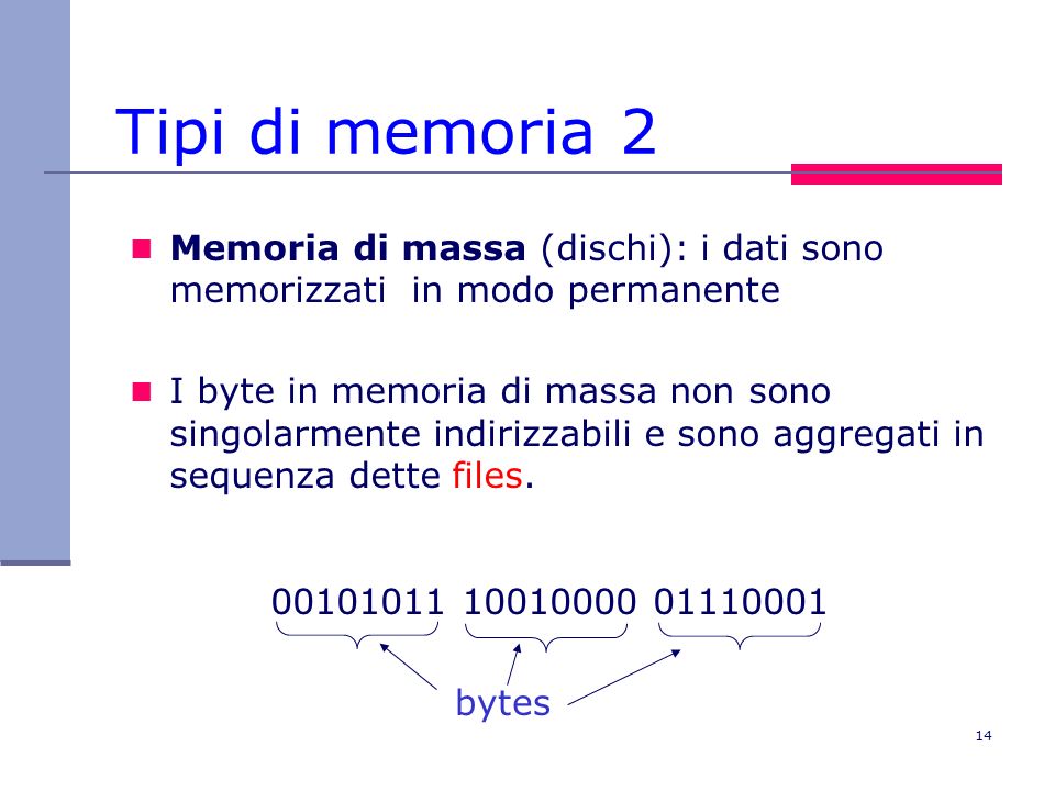 Tipi di memoria 2 Memoria di massa (dischi): i dati sono memorizzati in modo permanente.