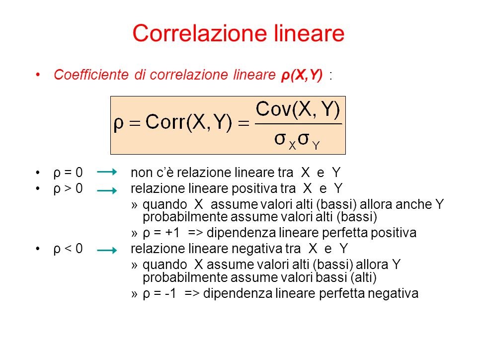 Correlazione lineare Coefficiente di correlazione lineare ρ(X,Y) :