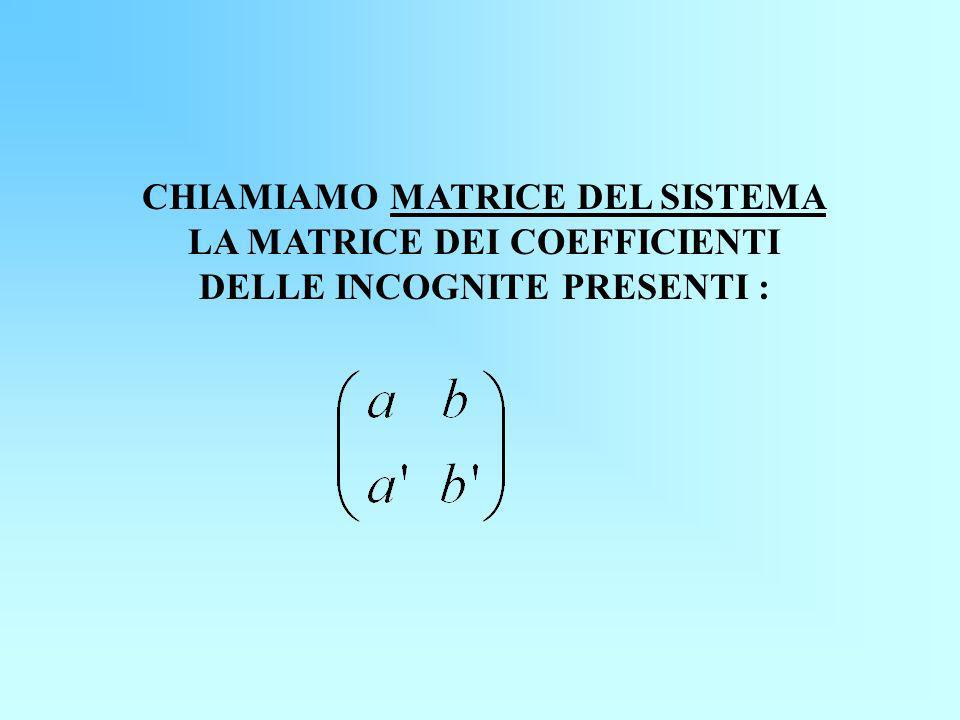CHIAMIAMO MATRICE DEL SISTEMA LA MATRICE DEI COEFFICIENTI DELLE INCOGNITE PRESENTI :