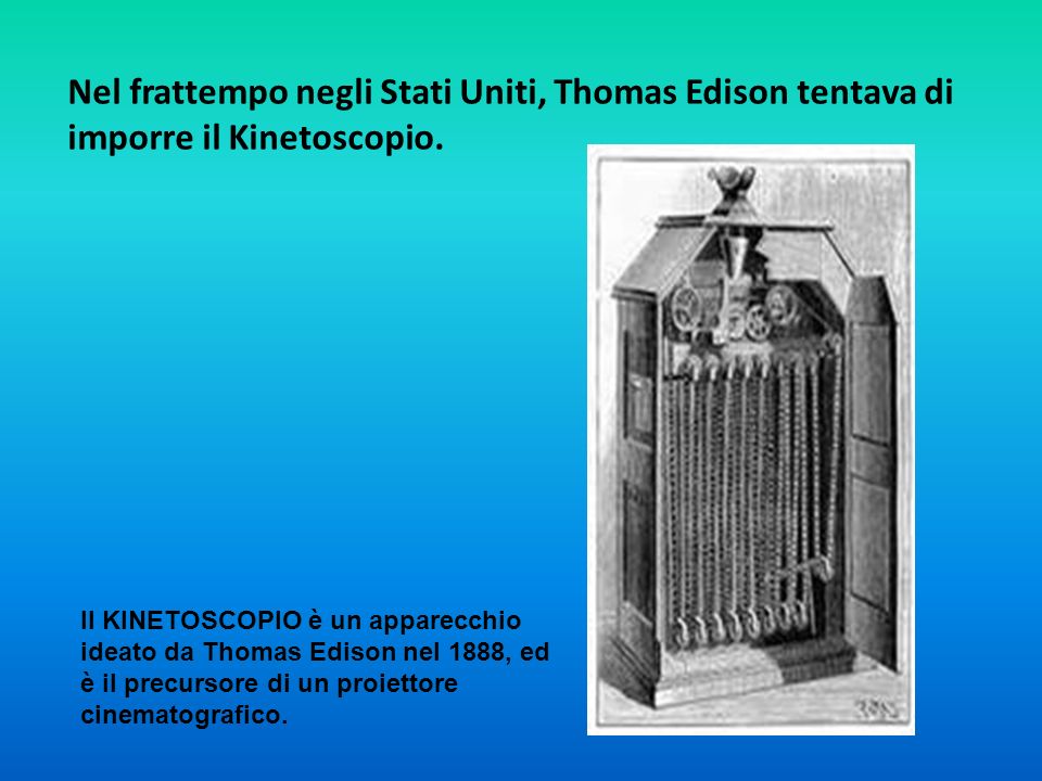 Nel frattempo negli Stati Uniti, Thomas Edison tentava di imporre il Kinetoscopio.