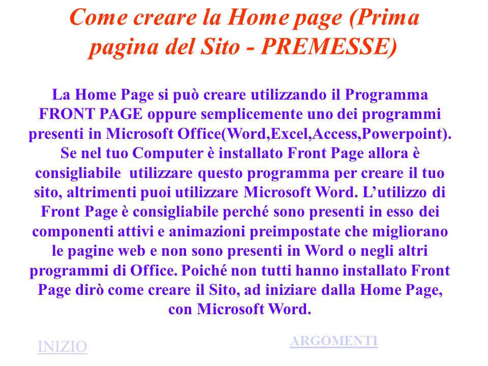 Come creare la Home page (Prima pagina del Sito - PREMESSE)