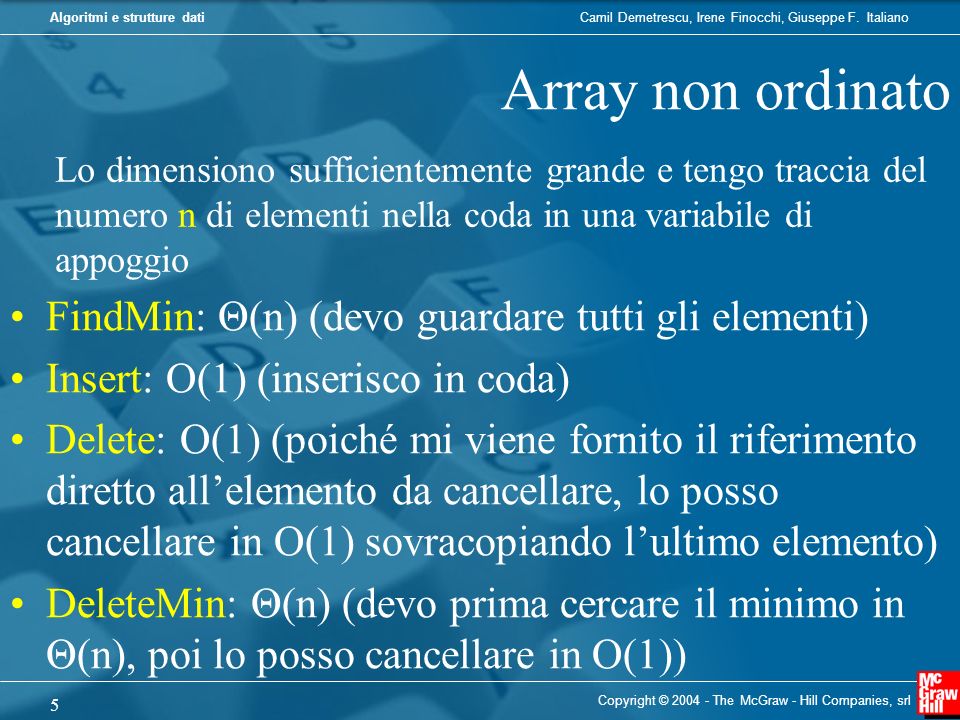 Array non ordinato FindMin: Θ(n) (devo guardare tutti gli elementi)