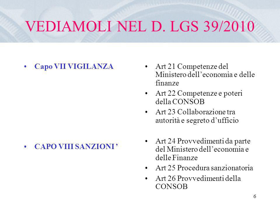 VEDIAMOLI NEL D. LGS 39/2010 Capo VII VIGILANZA CAPO VIII SANZIONI ’