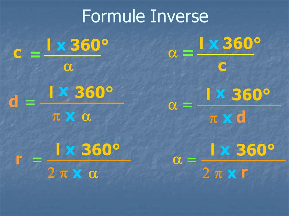 Formule Inverse l x 360° l x 360° c a = = a c x l 360° x l 360° d = a
