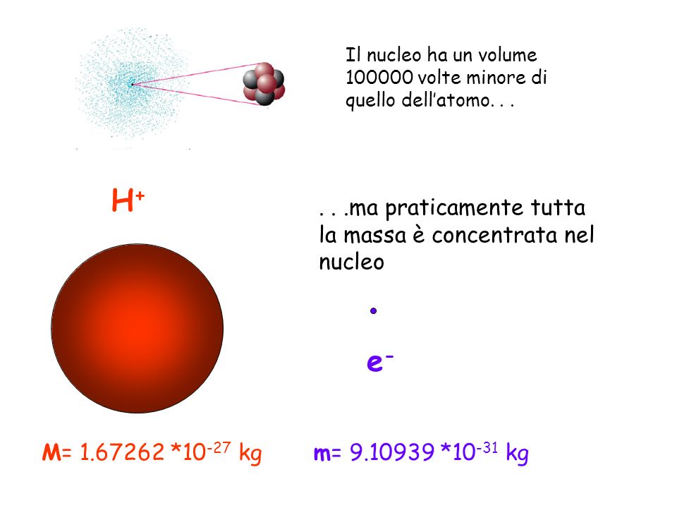H+ e ma praticamente tutta la massa è concentrata nel nucleo