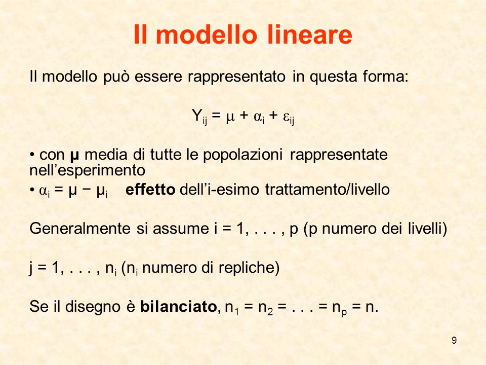 Il modello lineare Il modello può essere rappresentato in questa forma: Yij =  + αi + εij.