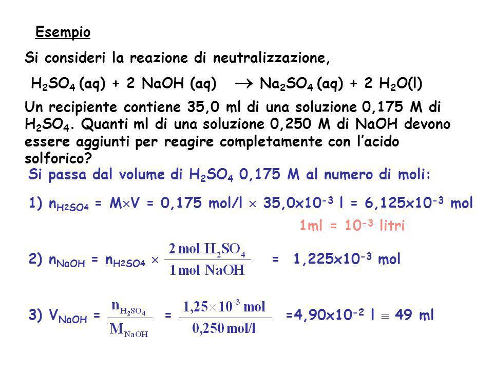 Esempio Si consideri la reazione di neutralizzazione, H2SO4 (aq) + 2 NaOH (aq)  Na2SO4 (aq) + 2 H2O(l)