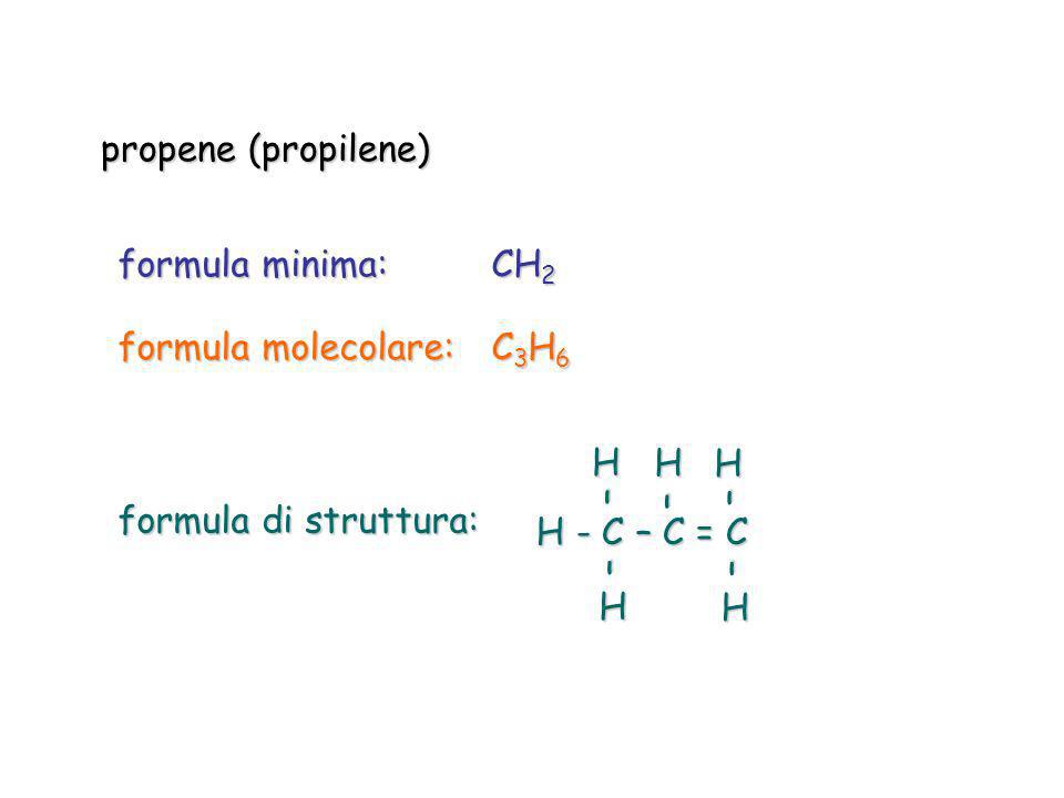 propene (propilene) formula minima: CH2. formula molecolare: C3H6. formula di struttura: H - C – C = C.