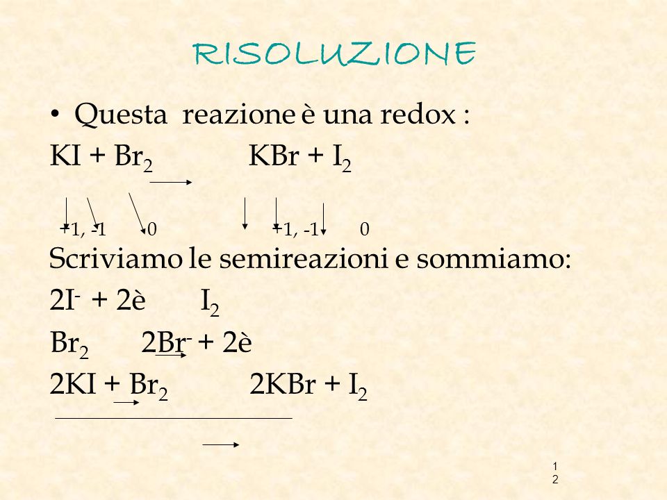 RISOLUZIONE Questa reazione è una redox : KI + Br2 KBr + I2