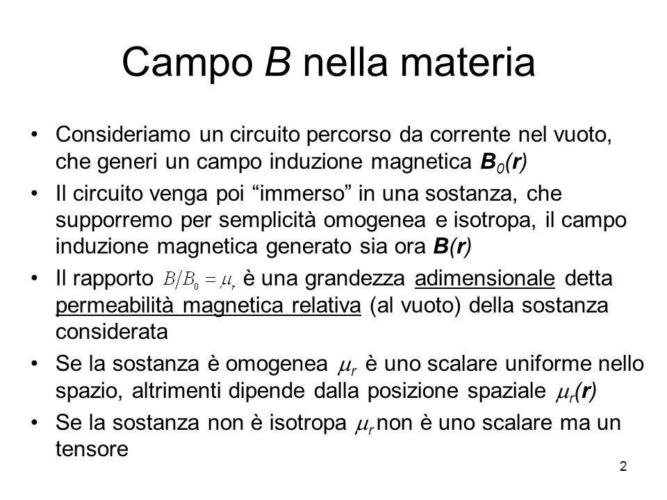 Campo B nella materia Consideriamo un circuito percorso da corrente nel vuoto, che generi un campo induzione magnetica B0(r)