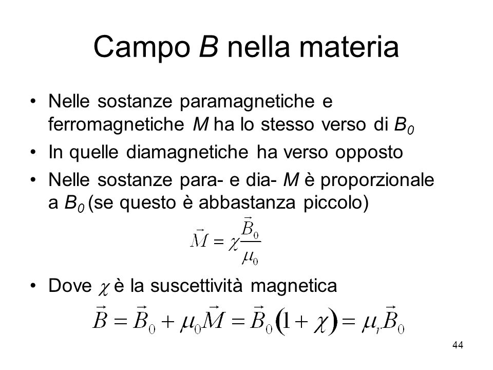Campo B nella materia Nelle sostanze paramagnetiche e ferromagnetiche M ha lo stesso verso di B0. In quelle diamagnetiche ha verso opposto.