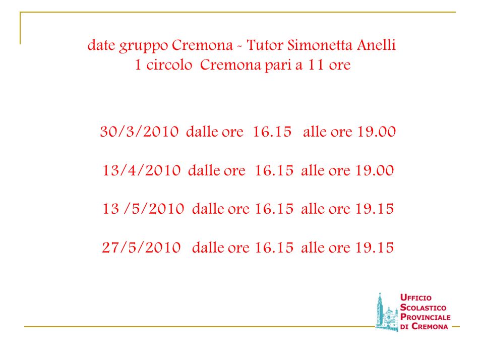 date gruppo Cremona - Tutor Simonetta Anelli 1 circolo Cremona pari a 11 ore