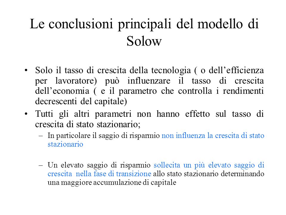 Le conclusioni principali del modello di Solow