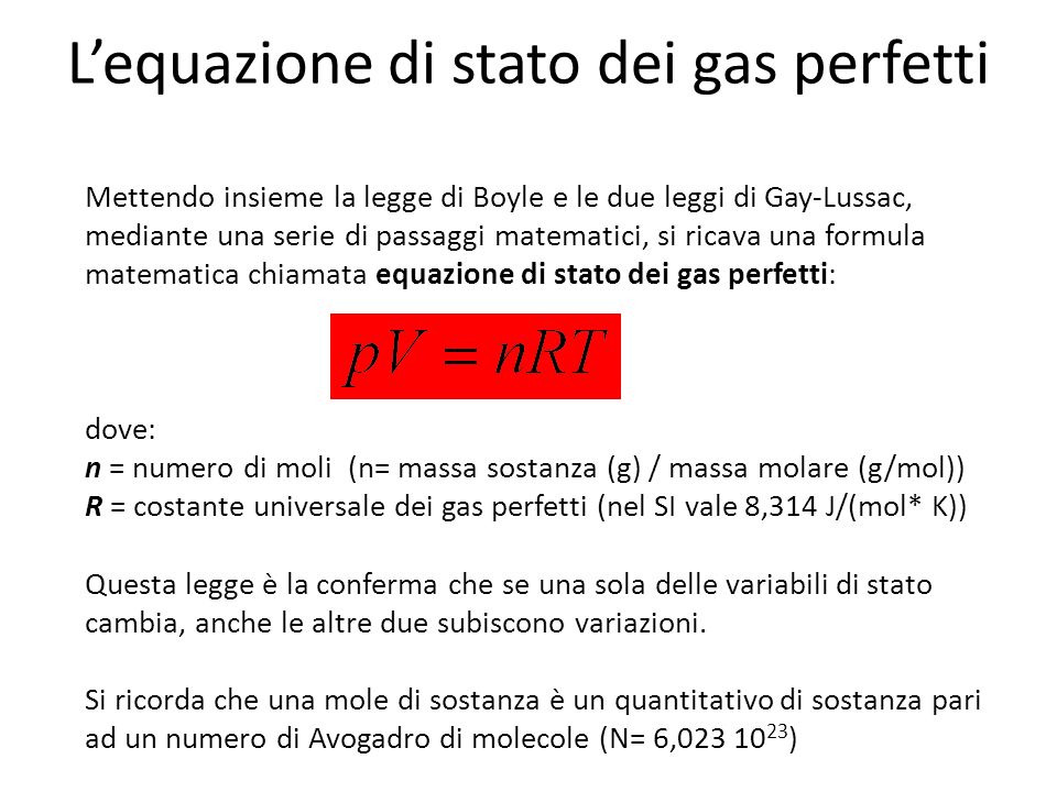 L’equazione di stato dei gas perfetti