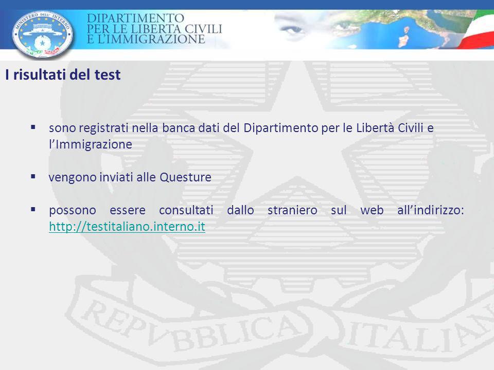 I risultati del test sono registrati nella banca dati del Dipartimento per le Libertà Civili e. l’Immigrazione.