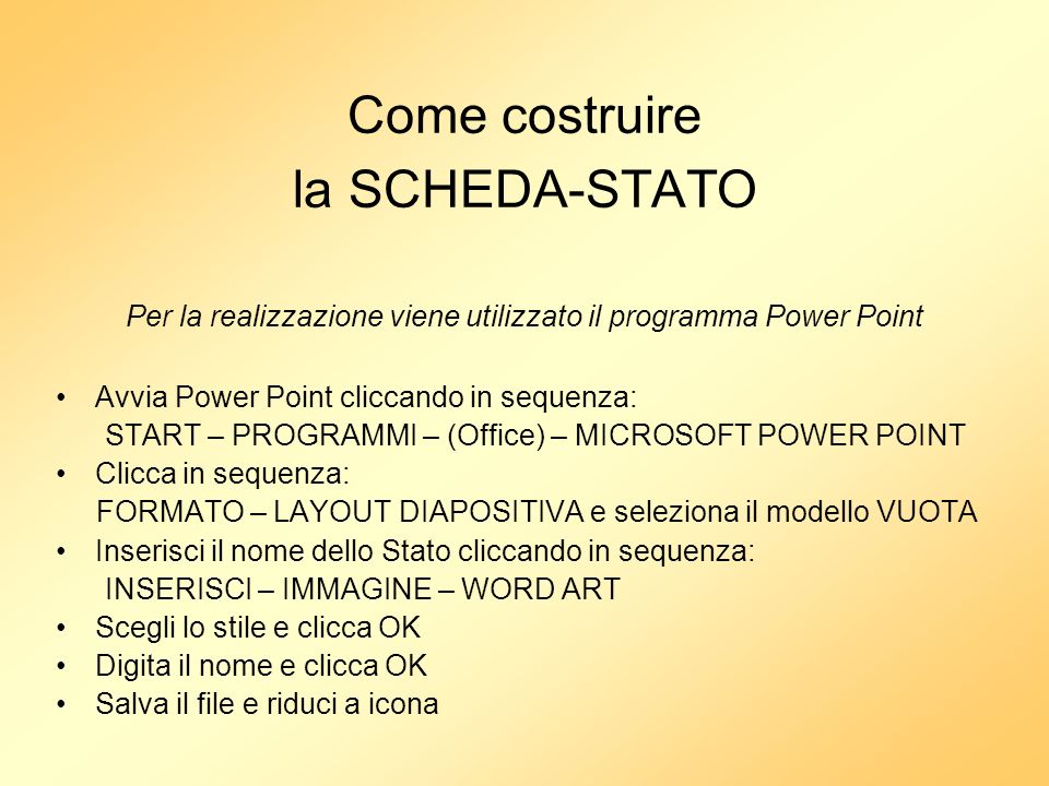 Come costruire la SCHEDA-STATO Per la realizzazione viene utilizzato il programma Power Point