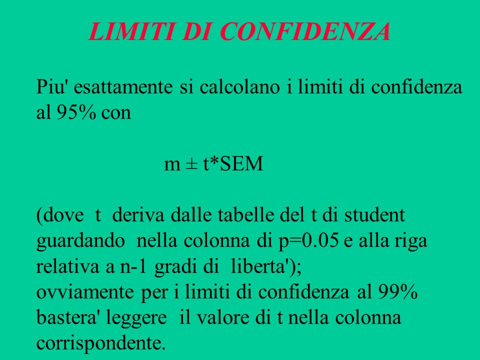 LIMITI DI CONFIDENZA Piu esattamente si calcolano i limiti di confidenza. al 95% con. m ± t*SEM.