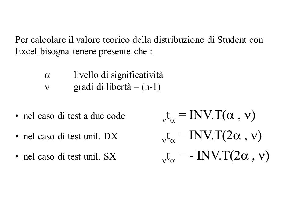 Per calcolare il valore teorico della distribuzione di Student con Excel bisogna tenere presente che :