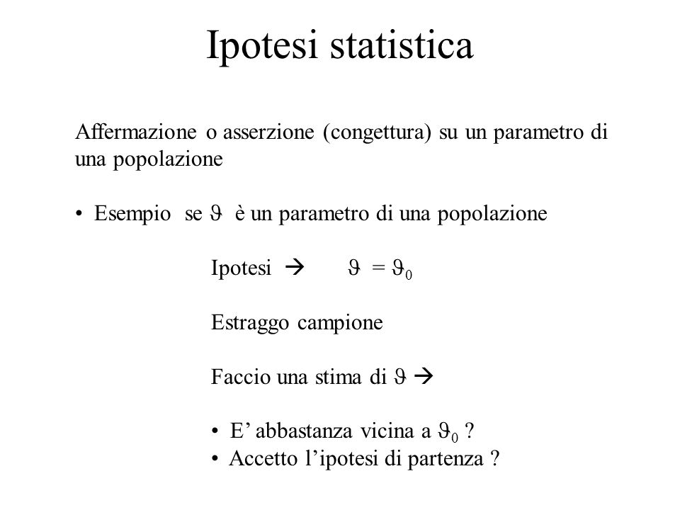 Ipotesi statistica Affermazione o asserzione (congettura) su un parametro di una popolazione.