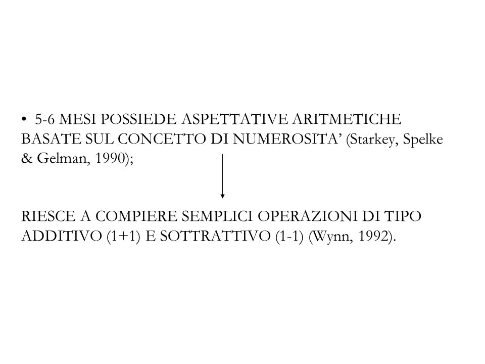 5-6 MESI POSSIEDE ASPETTATIVE ARITMETICHE BASATE SUL CONCETTO DI NUMEROSITA’ (Starkey, Spelke & Gelman, 1990); RIESCE A COMPIERE SEMPLICI OPERAZIONI DI TIPO ADDITIVO (1+1) E SOTTRATTIVO (1-1) (Wynn, 1992).