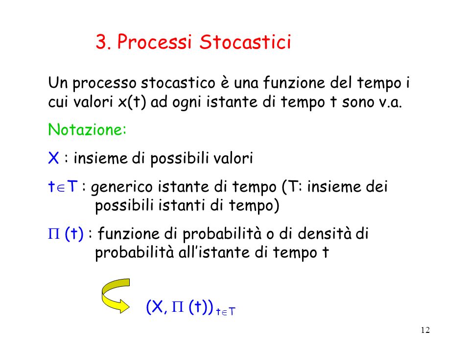 3. Processi Stocastici Un processo stocastico è una funzione del tempo i cui valori x(t) ad ogni istante di tempo t sono v.a.