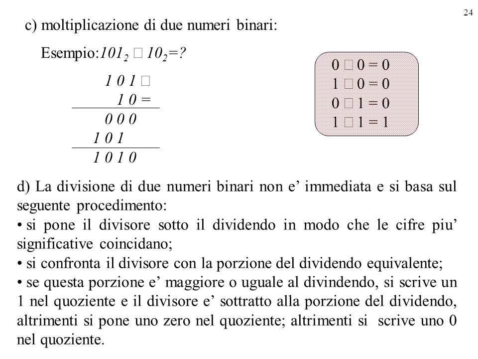 c) moltiplicazione di due numeri binari: