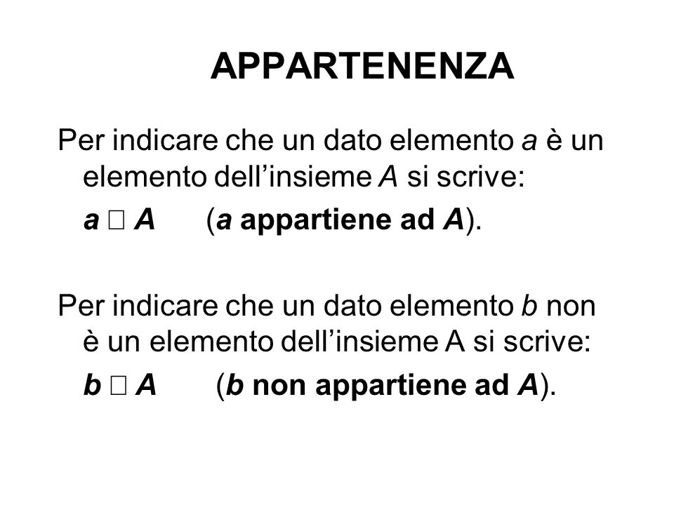 APPARTENENZA Per indicare che un dato elemento a è un elemento dell’insieme A si scrive: a Î A (a appartiene ad A).