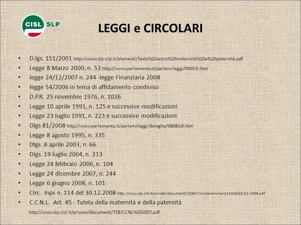 LEGGI e CIRCOLARI D.lgs. 151/