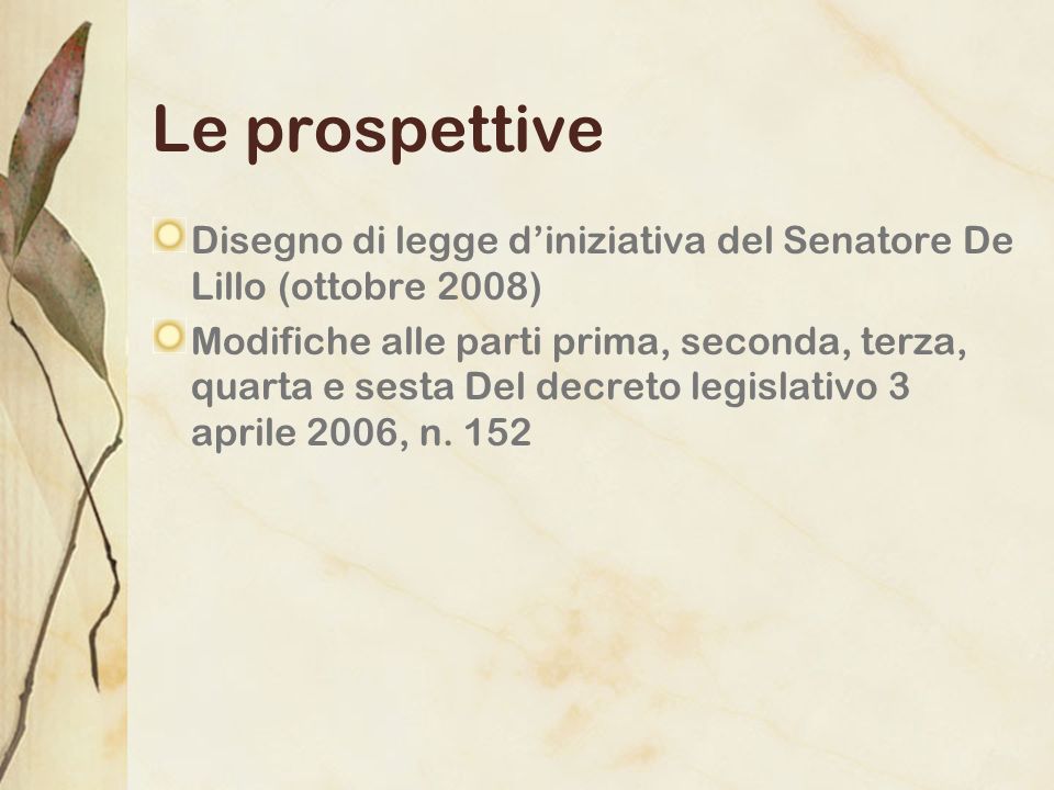 Le prospettive Disegno di legge d’iniziativa del Senatore De Lillo (ottobre 2008)