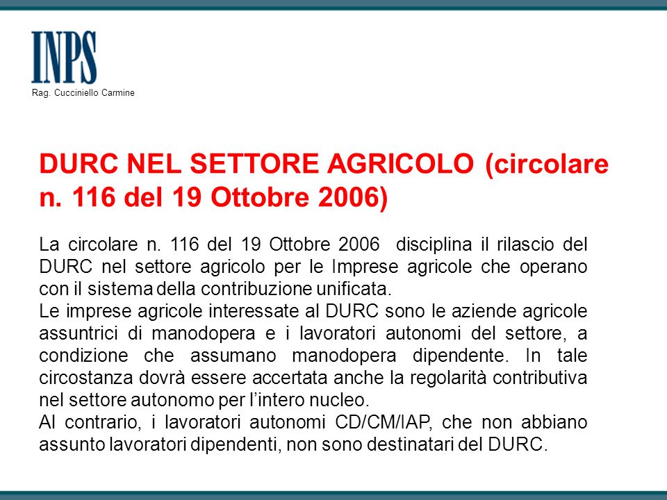 DURC NEL SETTORE AGRICOLO (circolare n. 116 del 19 Ottobre 2006)