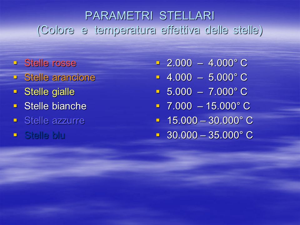 PARAMETRI STELLARI (Colore e temperatura effettiva delle stelle)