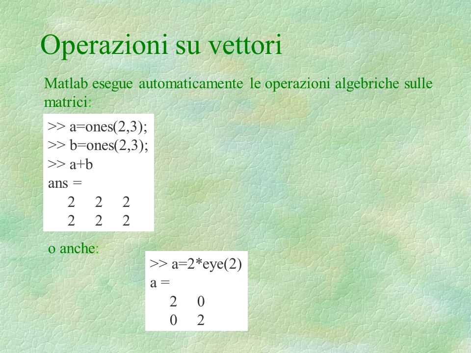 Operazioni su vettori Matlab esegue automaticamente le operazioni algebriche sulle matrici: >> a=ones(2,3);