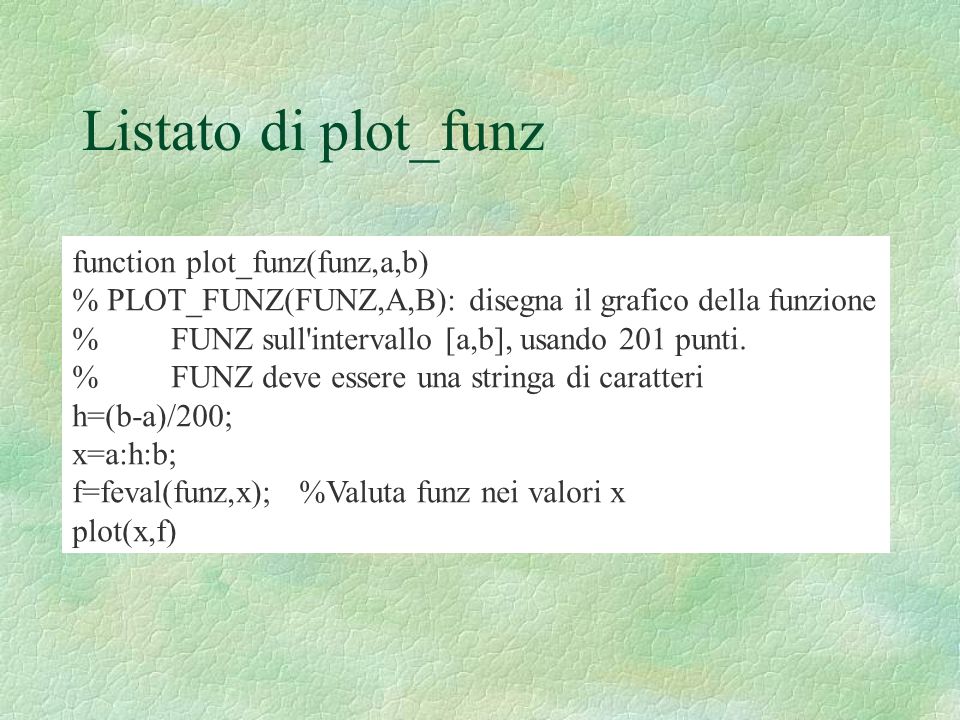 Listato di plot_funz function plot_funz(funz,a,b)