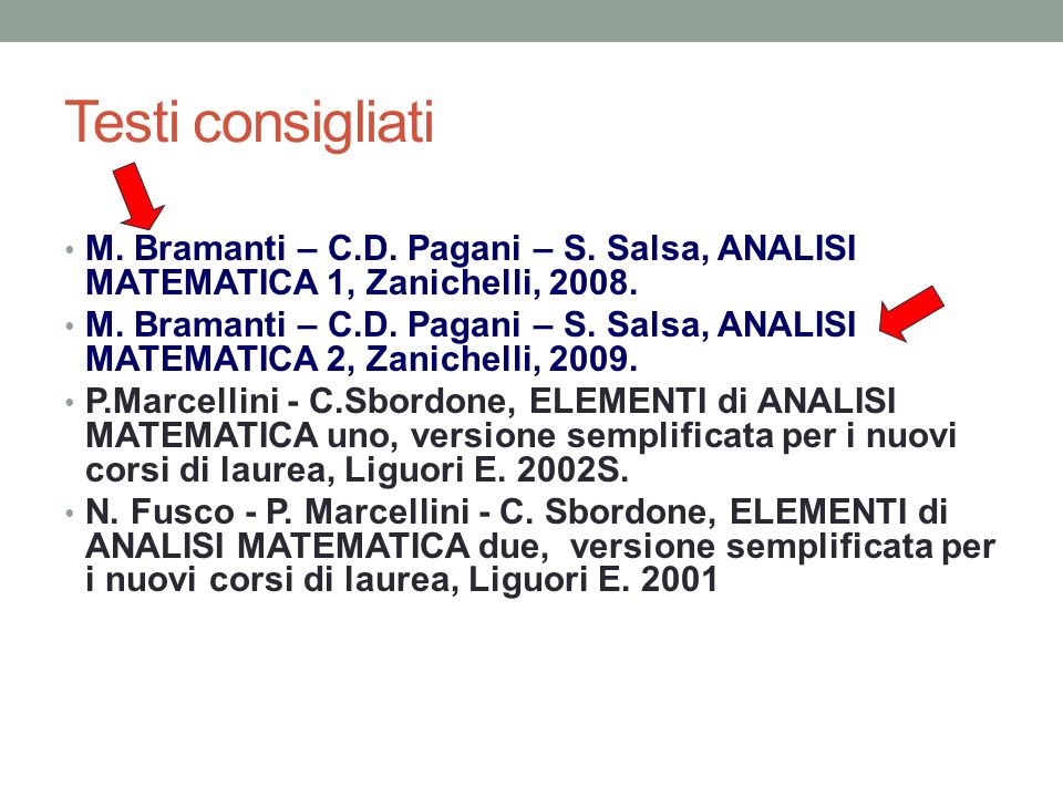 Testi consigliati M. Bramanti – C.D. Pagani – S. Salsa, ANALISI MATEMATICA 1, Zanichelli,