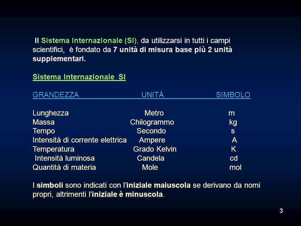 Il Sistema Internazionale (SI), da utilizzarsi in tutti i campi scientifici, è fondato da 7 unità di misura base più 2 unità supplementari.