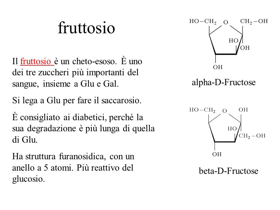 fruttosio Il fruttosio è un cheto-esoso. È uno dei tre zuccheri più importanti del sangue, insieme a Glu e Gal.