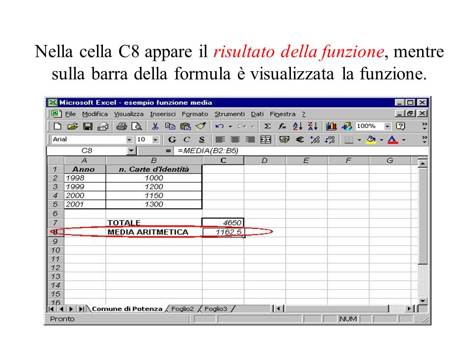 Nella cella C8 appare il risultato della funzione, mentre sulla barra della formula è visualizzata la funzione.