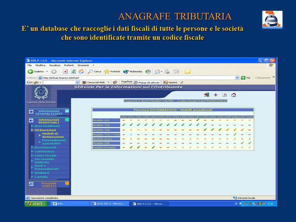 ANAGRAFE TRIBUTARIA E’ un database che raccoglie i dati fiscali di tutte le persone e le società che sono identificate tramite un codice fiscale.